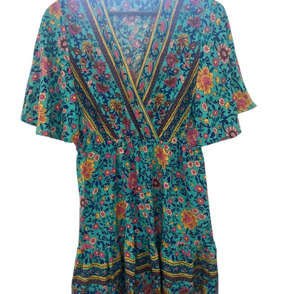 Cupshe Floral Boho Mini Dress Women Sz L V Neck Flutter Sleeve Beach Vacation